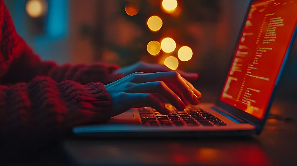 closeup hands typing laptop keyboard with red orange lights Strony internetowe Wrocław - Dst Design