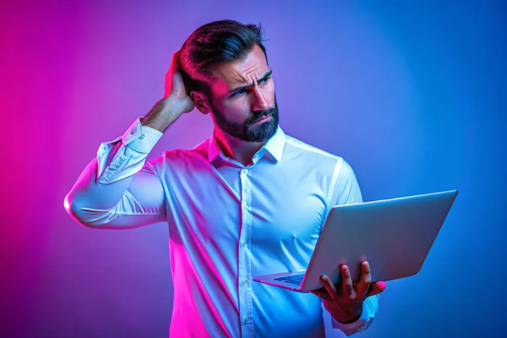 portrait handsome pensive man shirt holding laptop rubbing head looking away thinking new business project indoor studio shot isolated colorful neon light Strony internetowe Wrocław - Dst Design